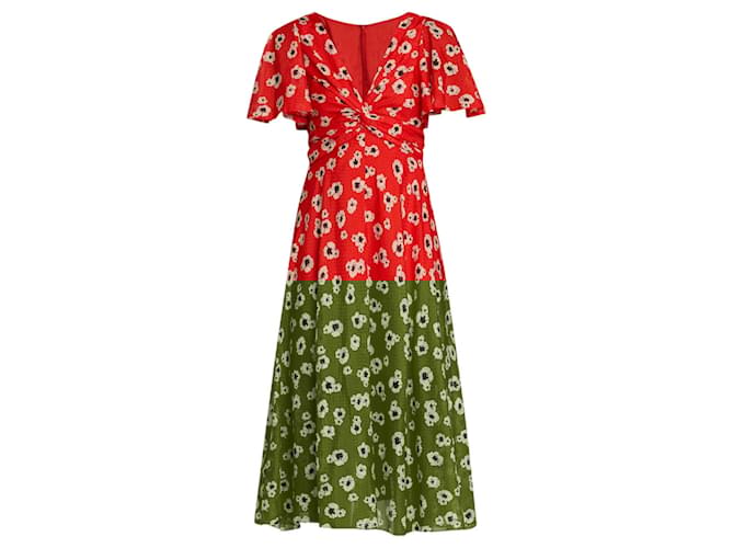 Prabal Gurung Poppy Multi Floral-Print Twisted Flutter-Sleeve Midi Dress Red Silk  ref.1956531