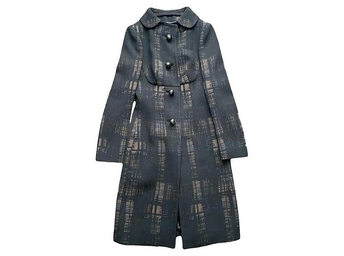 Prada Natte Grafico Cacao Wool Coat Black Brown Blue