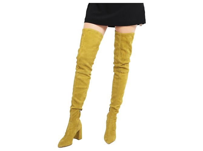 Stivali in suede chartreuse sopra il ginocchio Prada Autunno 2015 Azzurro chiaro Verde Giallo