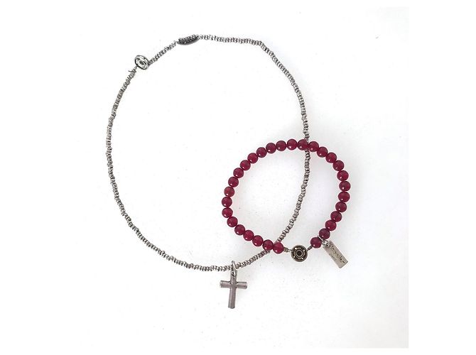 Autre Marque Set Scooter Paris Collana a Croce e Bracciale Rosso Argento Bordò