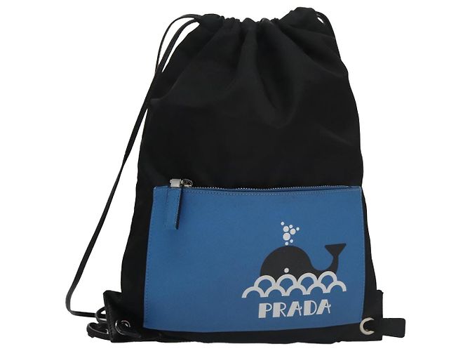 PRADA Backpack Nylon Leather Black Blue Silver Auth 92876 Silvery