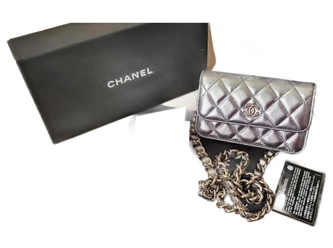 Wallet On Chain Chanel Wallet chain Silvery Leather  ref.1958546