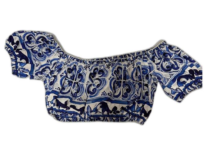 Dolce & Gabbana Top curto de popelina com estampa de majólica Branco Azul escuro