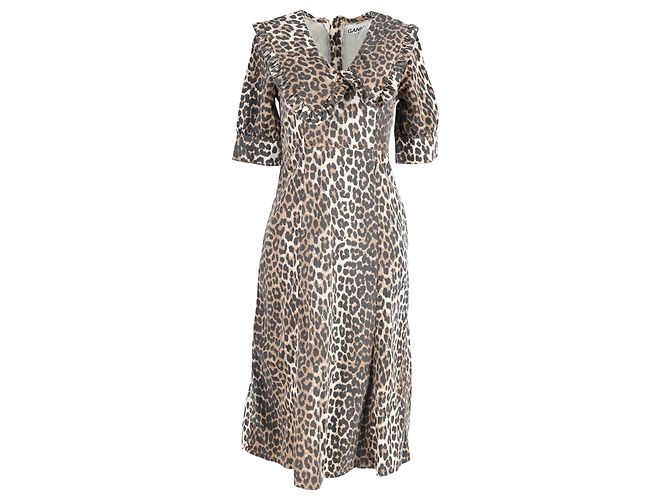 Vestido midi de algodão marrom com estampa de onça Ganni