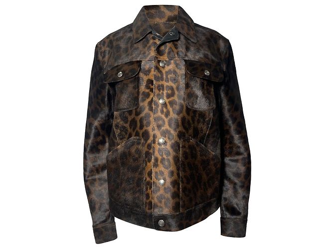 Tom Ford Leopard Print Buttoned Jacket with Pockets in Brown Calf Hair