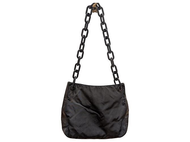 Borsa a Spalla Prada Tessuto Nera in Nylon e Pelle Nero