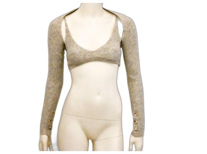 Autre Marque Gestricktes, kurzes Twin-Set-Bra-Top mit kurzem Cardigan in Haferbeige Roh