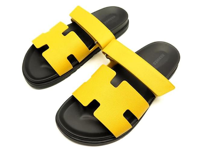 Hermès NINE HERMES CHYPRE MULES SHOES H222857ZH 42.5 EPSOM LEATHER YELLOW SANDALS NEW  ref.1960617