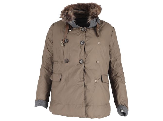 Brunello Cucinelli Fur Trim Double-Breasted Down Jacket in Brown Polyamide