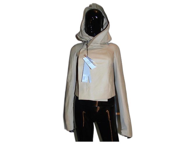 Jaqueta com capuz Rick Owens de couro creme Cru
