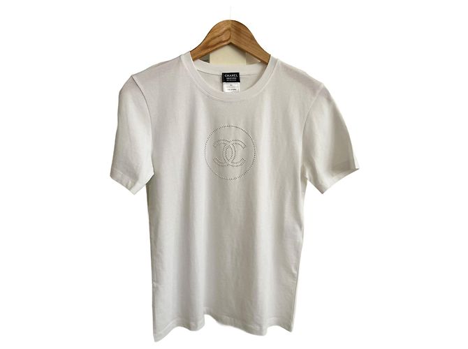 Camiseta Chanel Uniforme Blanca de Algodón con Logo de Strass Blanco