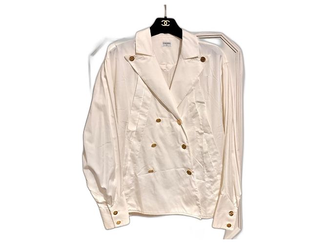 Camicia bianca vintage Chanel doppiopetto, 38 Bianco Crudo