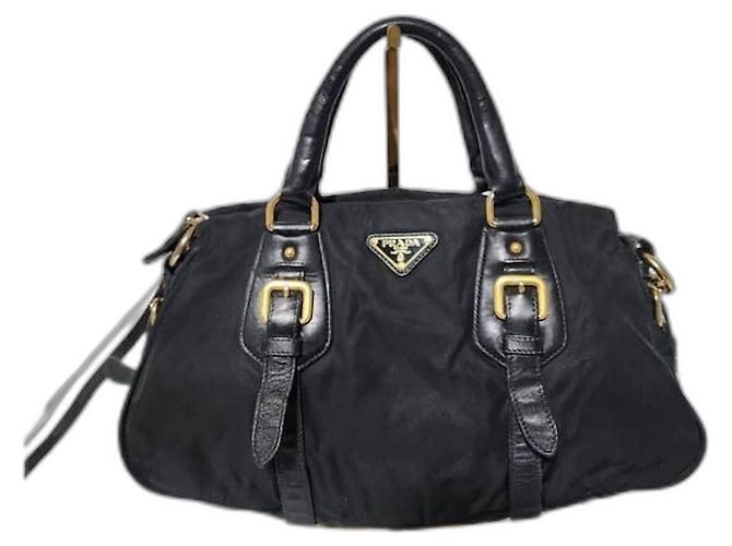Borsa Bauletto in Nylon e Pelle Nera PRADA Nero