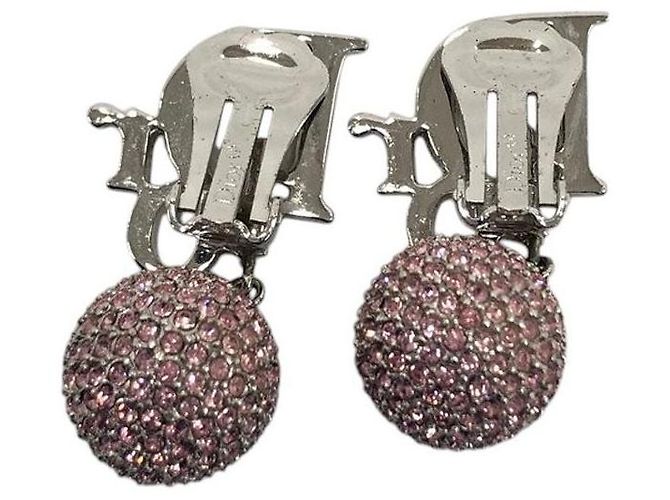 Orecchini a cerchio in strass rosa e argento con logo monogramma Christian Dior