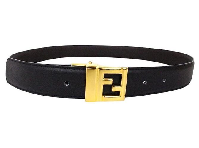 Fendi FF Gold Logo Black Leather Belt Golden