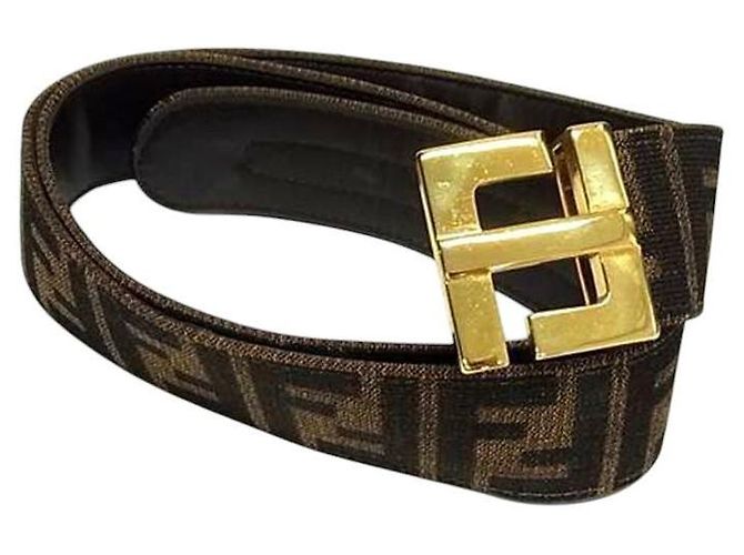Fendi Zucca Brown Monogram Pattern Gold Logo Leather Belt Golden 