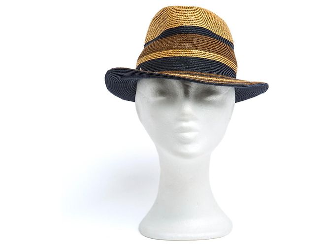 Hermès Hat T57 Natural Navy Brown Straw Hat Size M Hermes Beige Caramel Navy blue