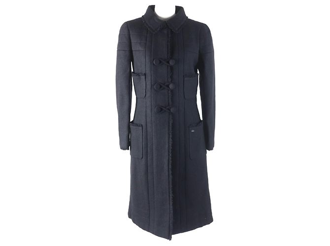 Chanel Wool Silk Logo Coat Black 36