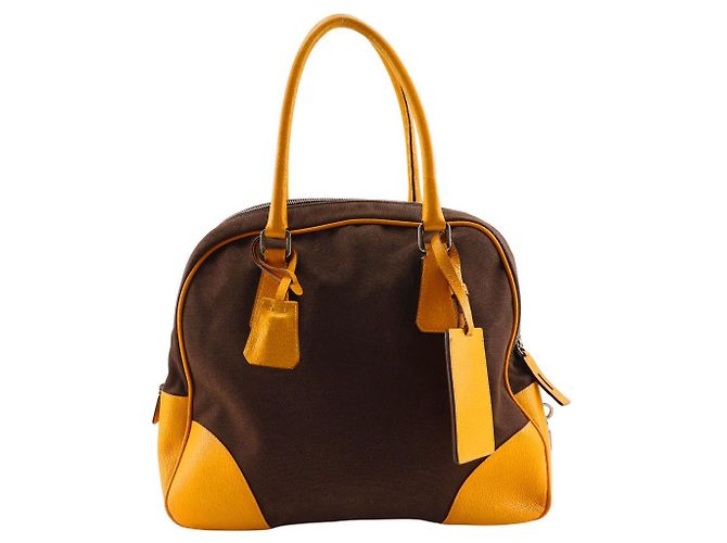 Prada Canvas Mini Boston Tote Bag Brown