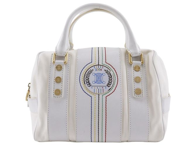 Céline Bolsa de mão Celine Mini Boston em nylon, lona e couro Branco