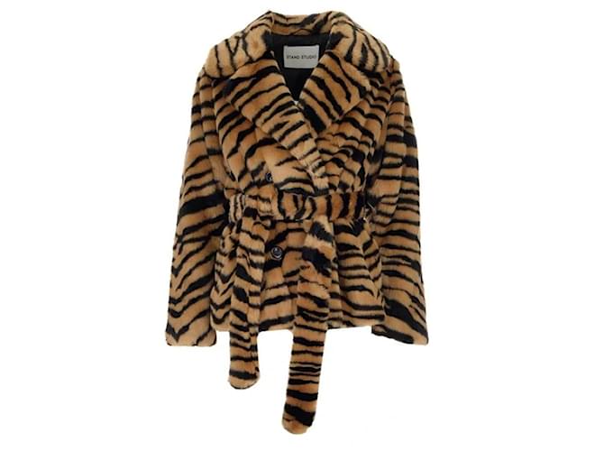 Autre Marque STAND STUDIO Tiffany Short Tiger Print Faux Fur Belted Jacket In Classic Tiger Multiple colors  ref.1969383