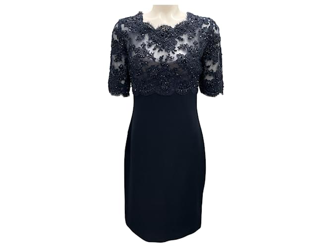 Autre Marque Reem Acra Navy Blue Sequin and Bead Embellished Tulle Lace and Silk Cocktail Dress  ref.1969551