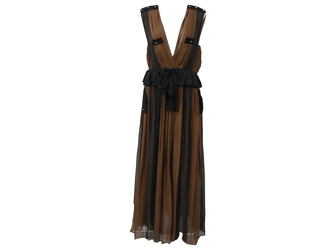 Vestido maxi plissado com decote profundo Chloé em chiffon de seda marrom e preto