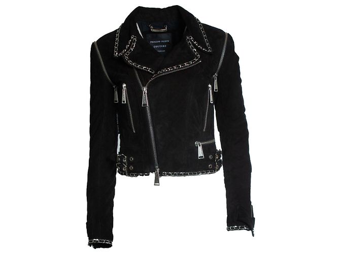Philipp Plein suede biker jacket with chain Black