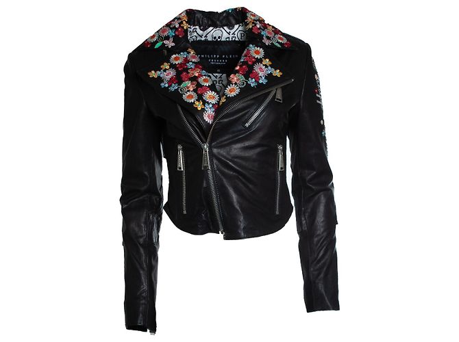 Philipp Plein leather jacket with embroidery Black