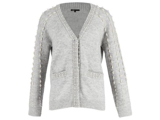 Maje Grau akryl Cardigan mit Perlenverzierung und Taschen