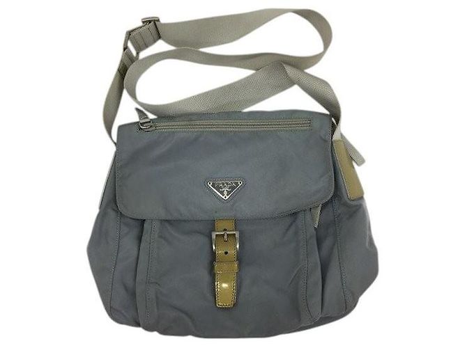 Prada Hellblau Graue Tessuto Nylon Logo Umhängetasche