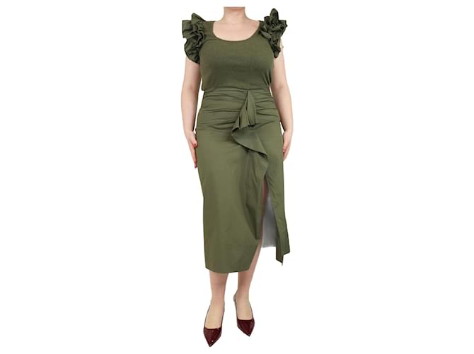 Ulla Johnson Khaki jersey ruffled maxi dress - size L Green Cotton  ref.1975135