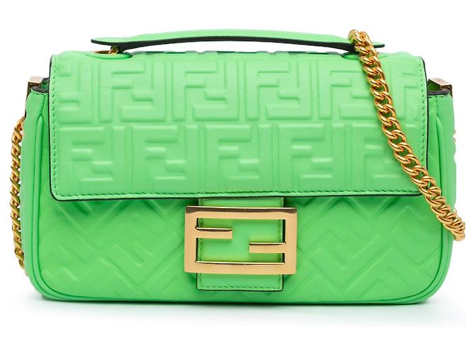Fendi Baguette Midi em couro estampado Zucca verde com corrente Verde claro