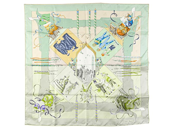 Hermès Green Le Carnaval De Venise Silk Scarf. Light green Cloth  ref.1975674