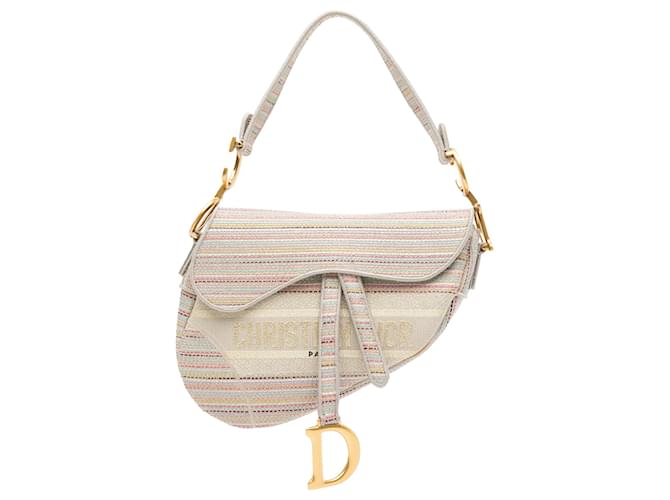 Dior Pink Embroidered Canvas Stripes Saddle Bag Cloth Cloth  ref.1975937