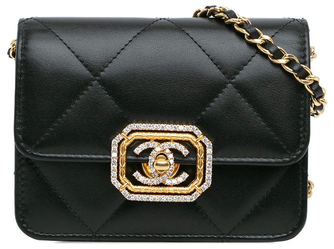 Chanel schwarzer gesteppter Kalbsleder-Kartenhalter mit Strass