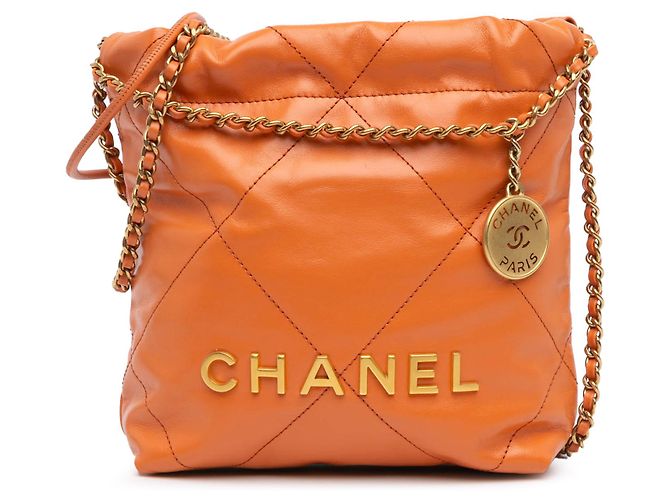 Bolsa Chanel Laranja Mini em Couro de Bezerro Brilhante 22