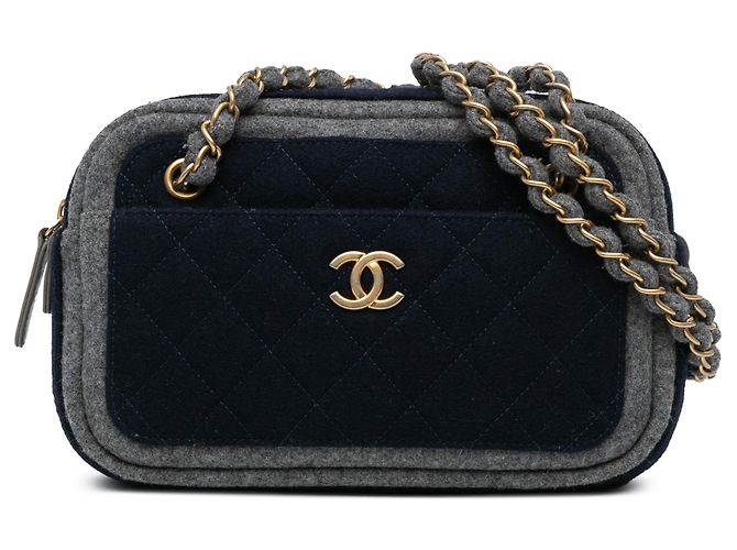 Borsa a spalla in lana Chanel Blue CC Blu navy