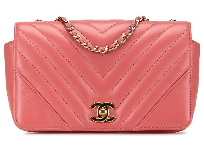 Chanel Mini Chevron de Piel de Ternera Rosa Bolsa con Solapa