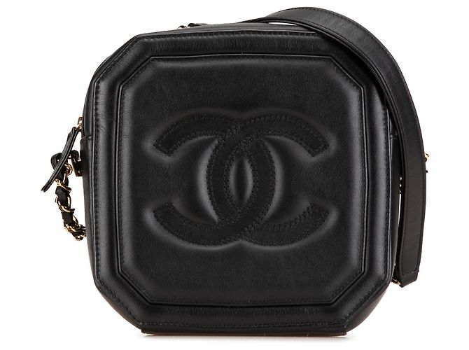 Camera Chanel Preto CC em Couro de Cordeiro Matelassado Estojo de Câmera Octogonal