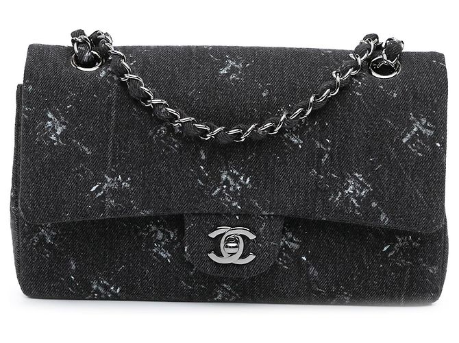 Chanel Black Medium Classic Printed Denim Double Flap Nero