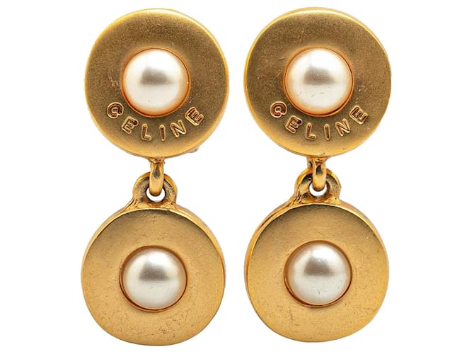 Céline Celine Gold Gold Plated Faux Pearl Drop Clip On Earrings Golden Metal Gold-plated  ref.1977632