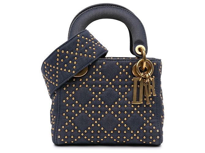 Dior Mini Denim Cannage Studded Suave Lady Dior Azul Azul marinho