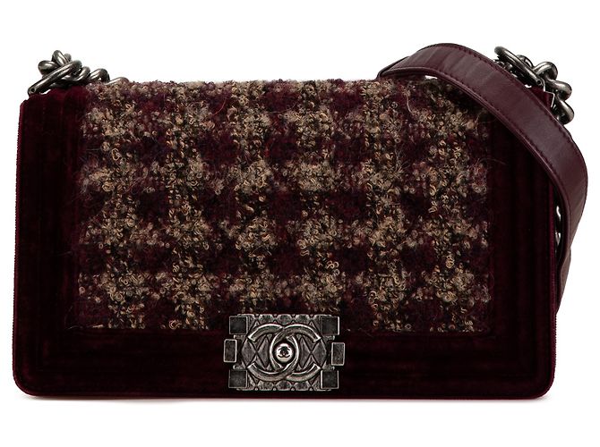 Chanel Rosso Vecchio Medio in Velluto e Tweed Boy Flap Bordò