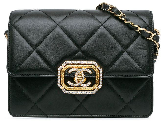 Bolsa transversal octogonal em couro de cordeiro acolchoado preto Chanel