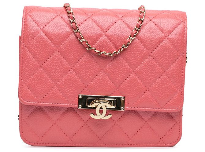 Wallet On Chain Cartera Chanel de caviar acolchado rosa con cadena dorada