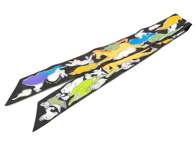 Hermès Black Mille et Un Lapins Silk Twilly Scarf Cloth  ref.1978959