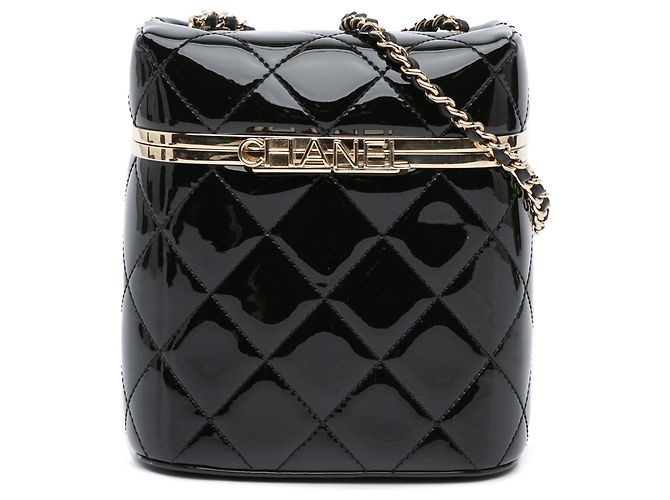 Vanity Estuche de tocador de cuero negro acolchado con logo de Chanel y cadena