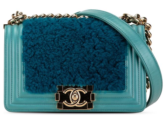 Chanel Blue Small Bicolor Shearling Boy Flap Turchese