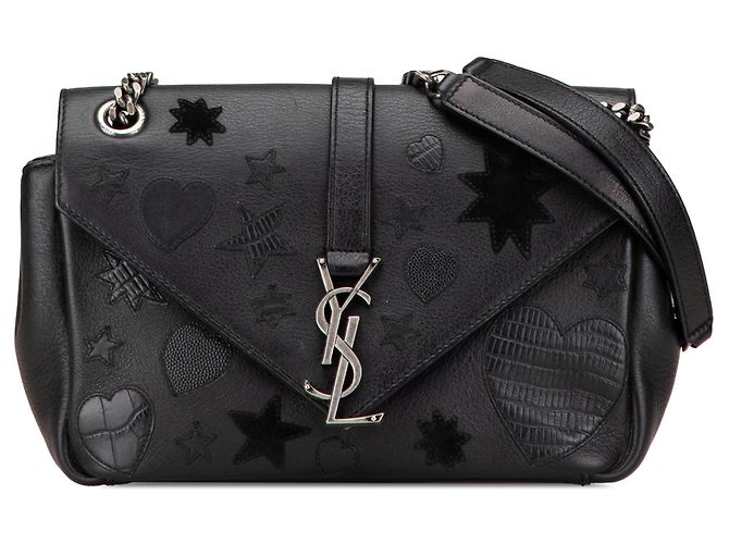 Saint Laurent Negro Mediano Monograma Corazón Patchwork Cadena Cartera
